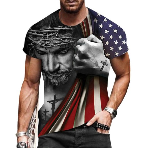 Men's Graphic Print T-Shirt Religious & Patriotic T-Shirt Jesus - America - Picture 1 of 2